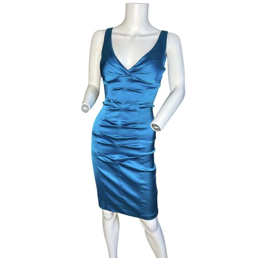 Vintage Cache Womens Turquoise Cocktail Dress Satin Ruched Bodycon Size 6 Fits 2